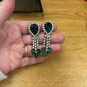 60's Regency Green Rhinestone Earrings Clip-On Dangle Drop Vintage Estate